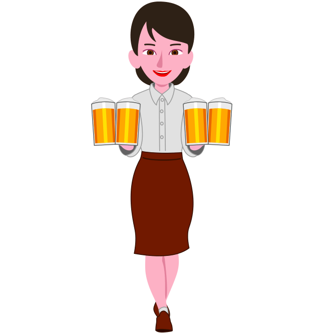 大ジョッキ4杯を運ぶ元気な女性店員のイラスト