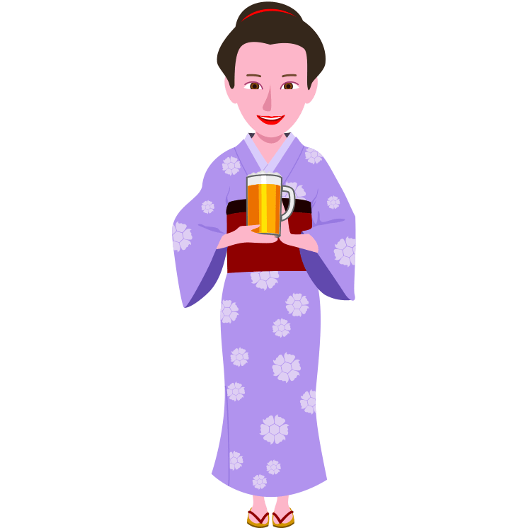 生ジョッキを運んでいる着物姿の居酒屋のママさんのイラスト