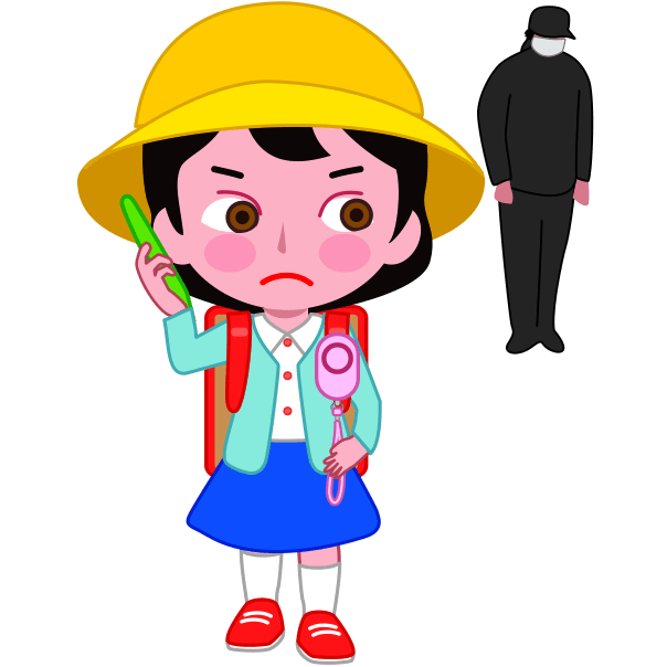 後をつけて来た怪しい大人を警戒する小学生の女の子のイラスト