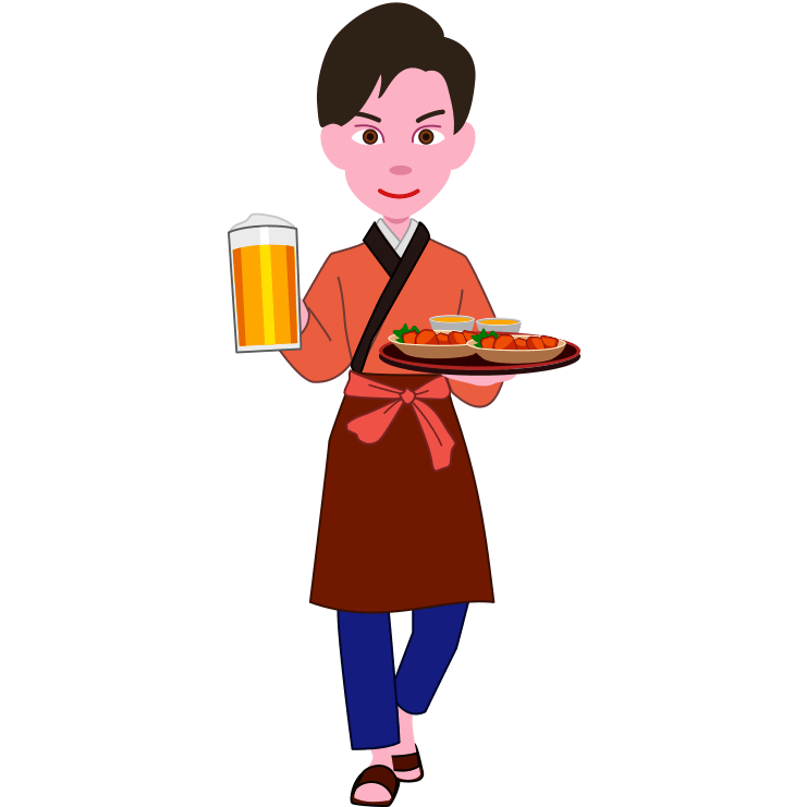 料理とジョッキを運んでいる居酒屋の男性店員のイラスト