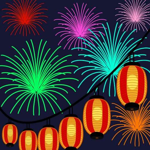 夜空を彩る花火と祭り提灯のイラスト