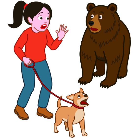 愛犬の散歩中にクマと遭遇した女性のイラスト