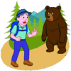 ハイキング中に山道でクマと遭遇した登山者のイラスト