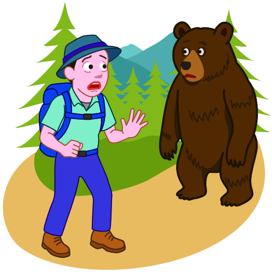 ハイキング中に山道でクマと遭遇した登山者のイラスト