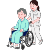 介護士が高齢者を車椅子で優しくサポートしているイラスト