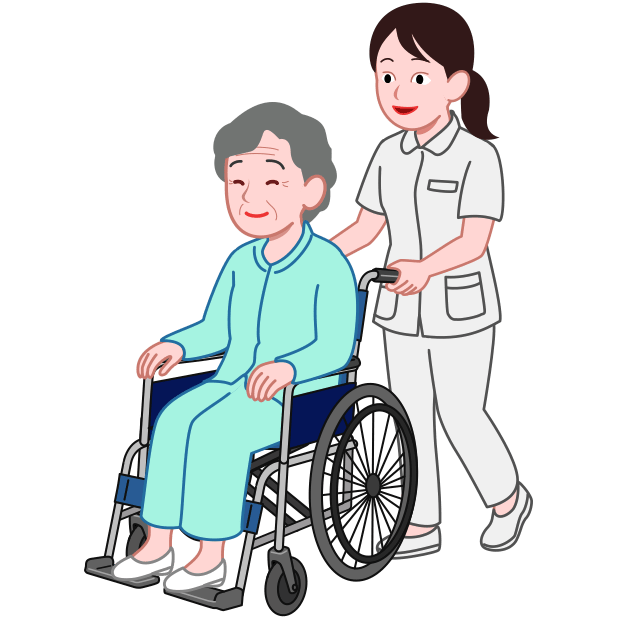 介護士が高齢者を車椅子で優しくサポートしているイラスト
