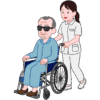 視覚障害者の老人を車椅子に乗せて介助している介護士のイラスト