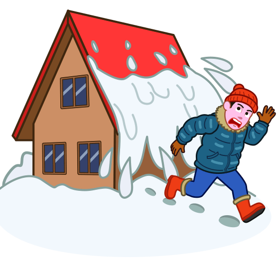 屋根からの落雪に、あわてて逃げている男性のイラスト
