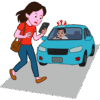 歩きスマホに夢中で、自動車にひかれそうになった女性のイラスト