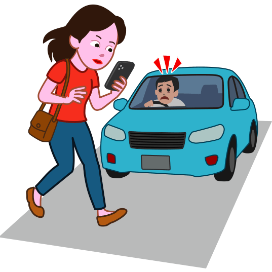 歩きスマホに夢中で、自動車にひかれそうになった女性のイラスト
