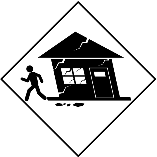 老朽家屋倒壊危険「注意喚起サイン」のイラスト・白色地に黒枠線、図は黒