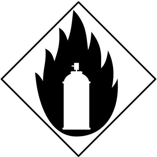 可燃物発火危険「注意喚起サイン」のイラスト・白色地に黒枠線、図は黒と白