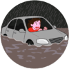 大雨のため冠水した道路で立ち往生している自動車のイラスト