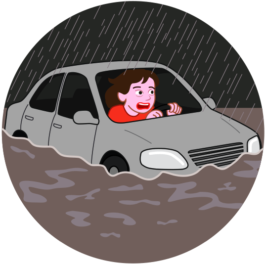 大雨のため冠水した道路で立ち往生している自動車のイラスト