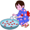 お祭りで浴衣姿の少女が金魚すくいを楽しんでいるイラスト