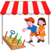 お祭りの屋台で輪投げを楽しんでいる子どものイラスト