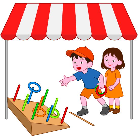 お祭りの屋台で輪投げを楽しんでいる子どものイラスト