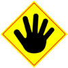 手を突き出して制止「注意喚起サイン」のイラスト・黄色地に赤枠線、図は黒