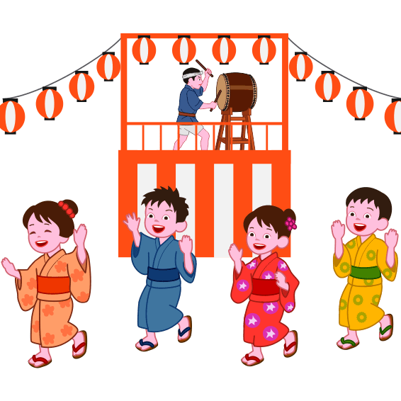 夏の思い出!【盆踊り・お祭り】浴衣姿の子供たちのフリーイラスト素材