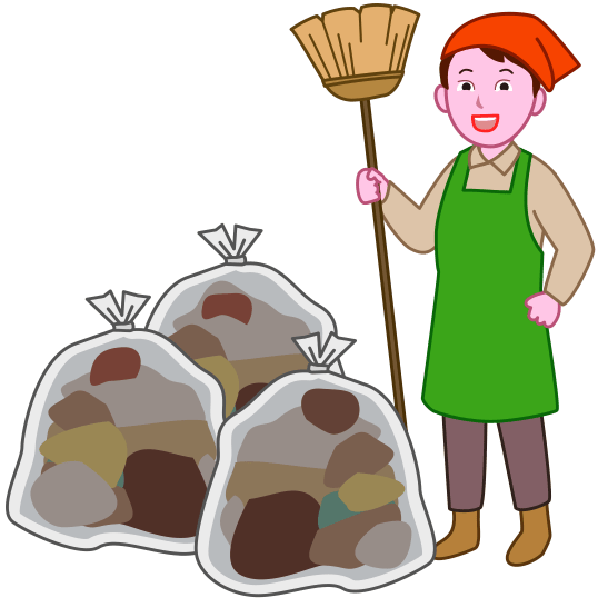 箒を手にした主婦が大掃除をして大量のゴミを出しているイラスト