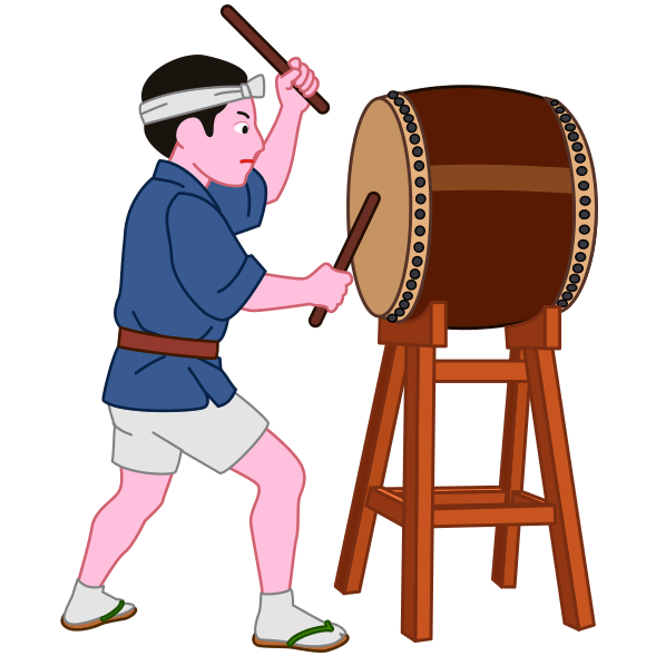 力強く祭り太鼓をたたく屈強の若者のイラスト