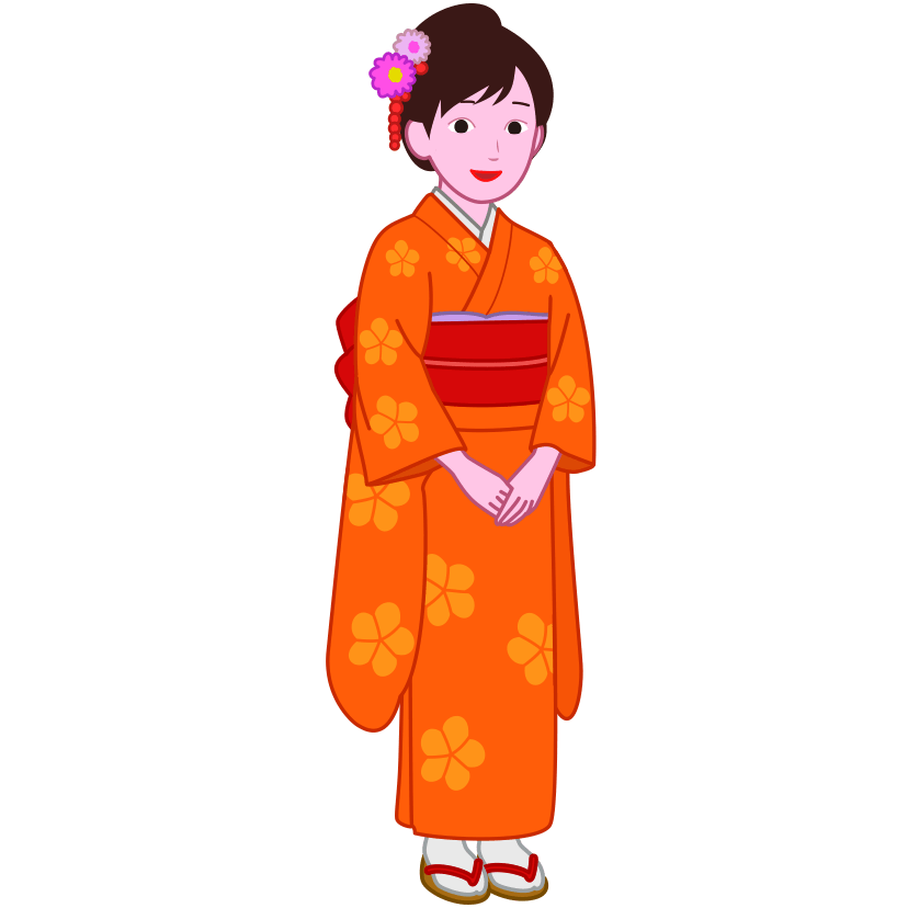 お正月に振袖を着た笑顔の若い女性のイラスト