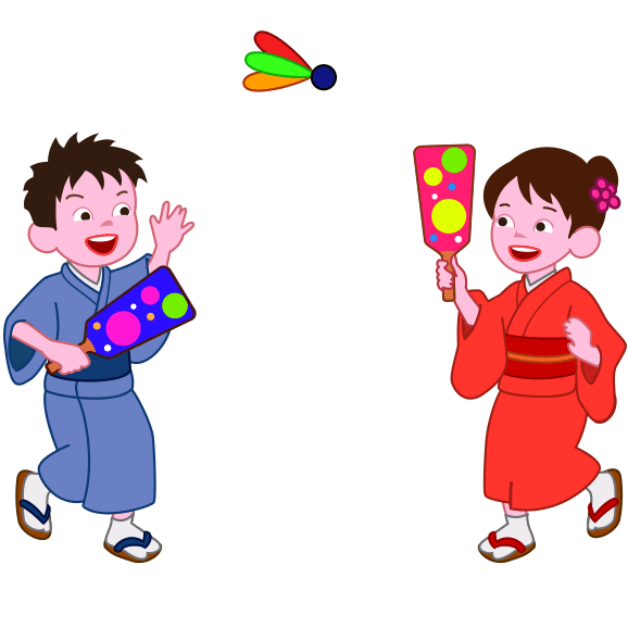 正月に着物姿で羽根つきをしている子ども達のイラスト