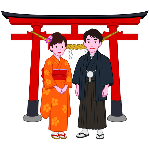 元旦に着物姿で初詣に出かけている若い男女のイラスト