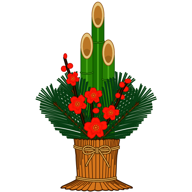 正月の入口を飾る、松竹梅を取り揃えた縁起の良い門松のイラスト