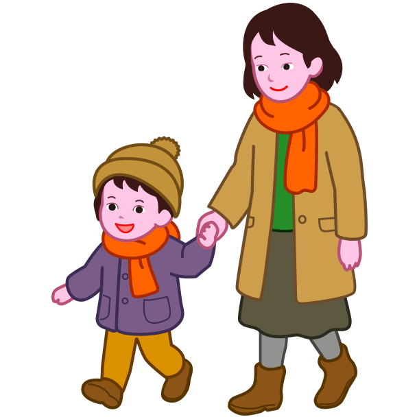 寒い日に防寒具を着てお出かけしている母と娘のイラスト