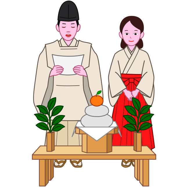 榊と鏡餅を前にして正月の祝詞を奏上している神主と、側に控えている巫女のイラスト