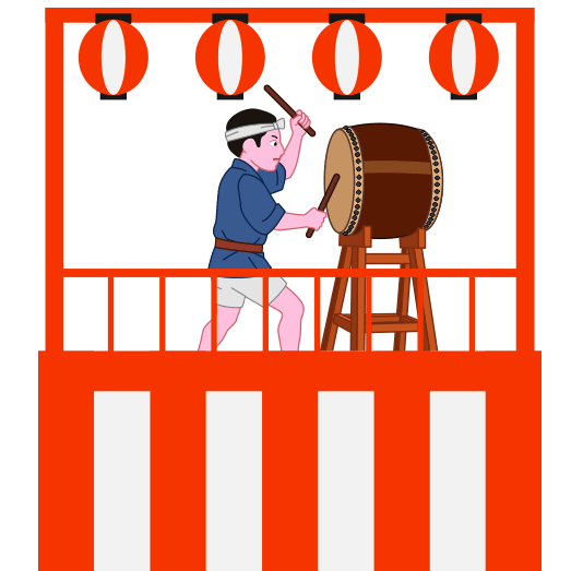 盆踊りの祭り櫓の上で太鼓をたたいている男性のイラスト