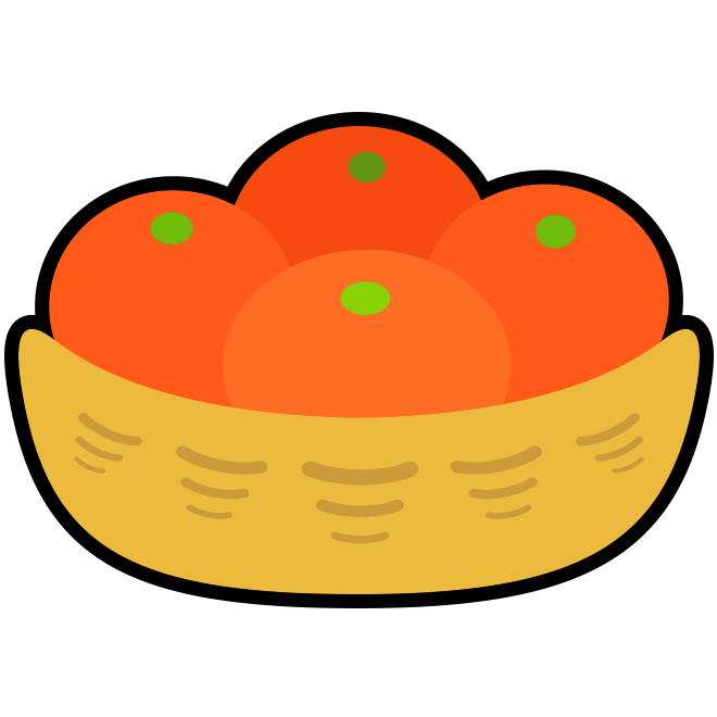 正月に欠かせないミカンが数個、薄茶色の籠に入っているアイコン