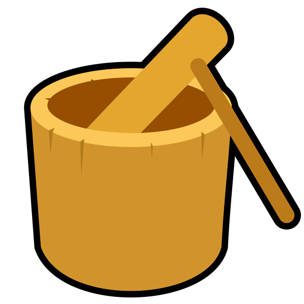 正月用のお餅をつく木製の臼と杵のアイコン