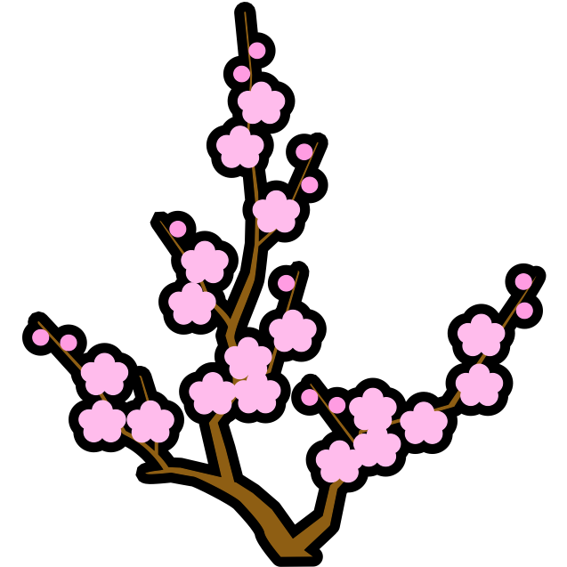 太めの縁取りでデザインされた、ピンク色の梅の花と枝の和風アイコン素材