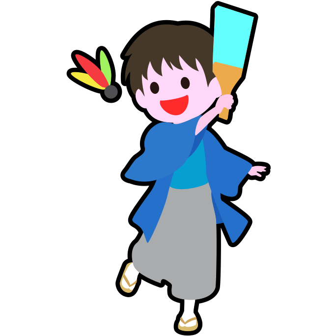 正月に羽織袴姿で羽根突きを楽しんでいる男の子のアイコン