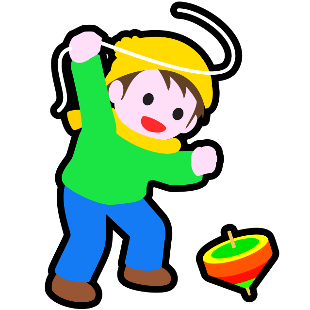 お正月に、勢いよく独楽を回して遊んでいる男の子のアイコン
