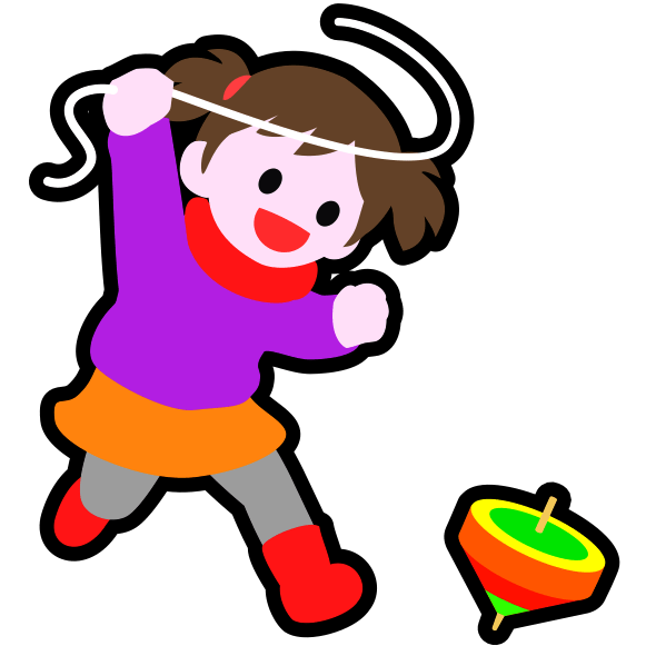 正月に独楽回しをしている女の子の躍動感のあるアイコン