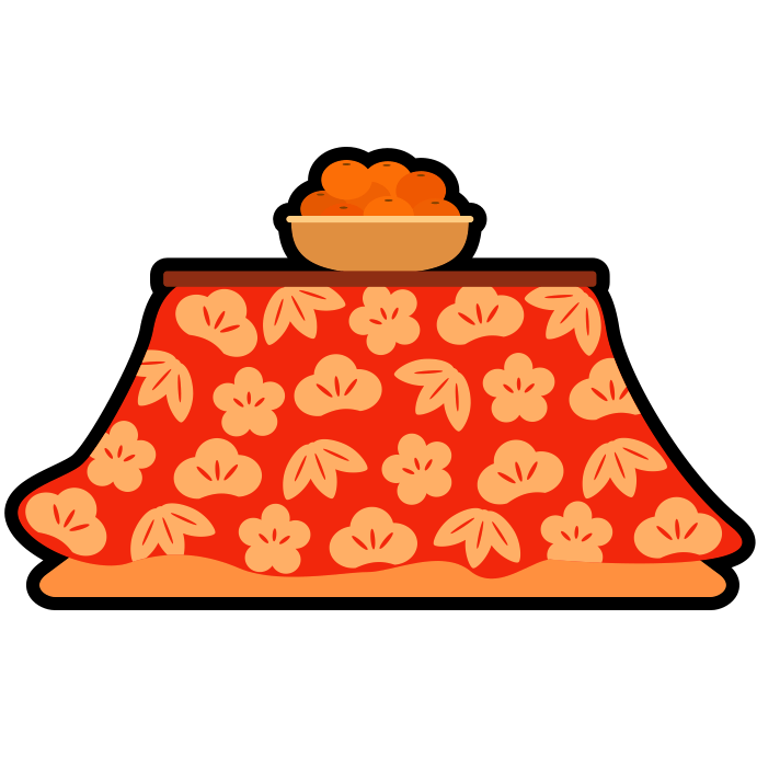 正月や冬のイメージに使える、松や竹や梅の紋様が入った赤いこたつとみかんのアイコン