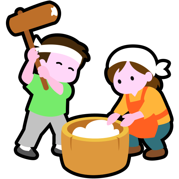 若い男女がふたりで、正月に食べる餅をついているアイコン