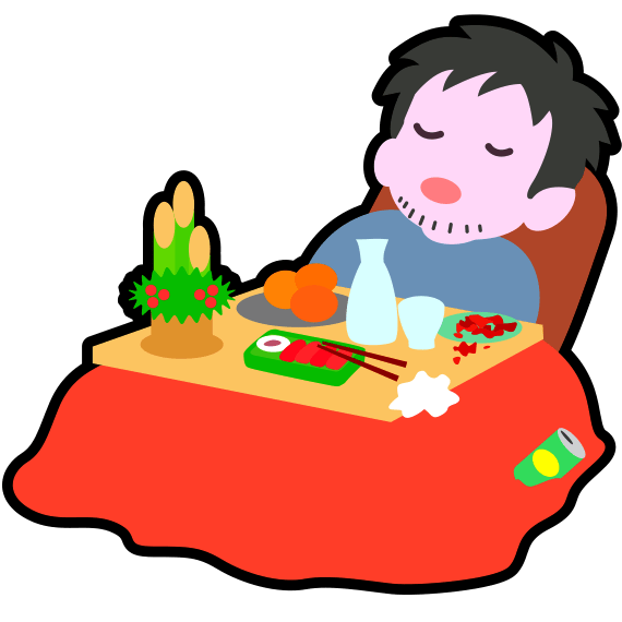 炬燵に潜ってお酒を飲みながら寝正月をしている独身男性のアイコンイラスト