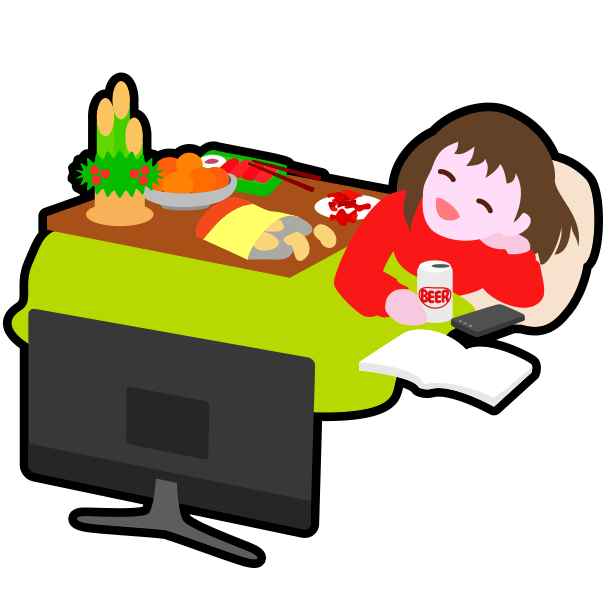 炬燵に入ってテレビを見ながら寝正月を決め込んでいる若い女性のアイコン