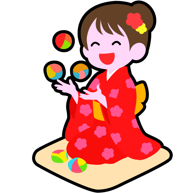 日本の伝統的な正月遊びであるお手玉を、着物姿の女の子が楽しんでいる可愛らしいアイコン