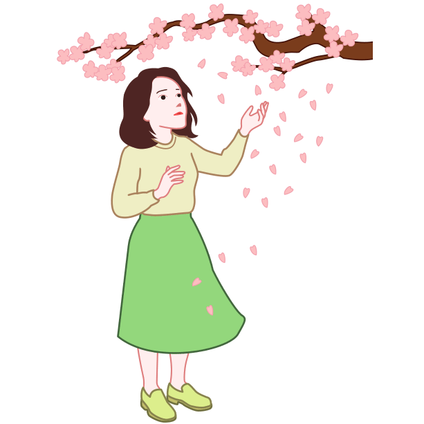 散っている桜の花びらを寂しそうに見ている女性のイラスト