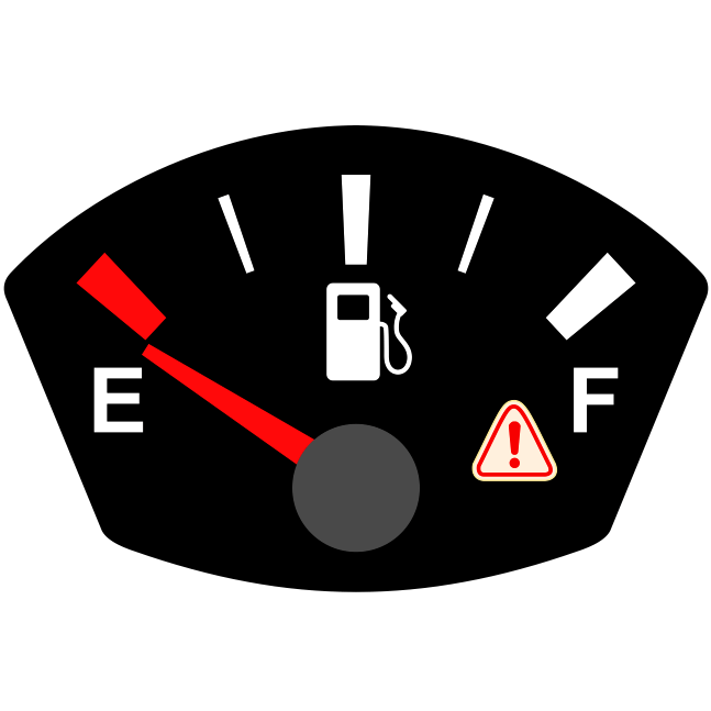 空を指して、警告ランプが点いている燃料計（残量計）のイラスト