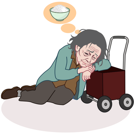 お腹が空いて道端で倒れ込んでしまったお婆さんのイラスト