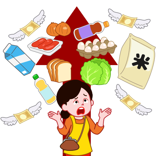 主婦の手を離れて飛んで行くお金｜食品価格高騰のイラスト