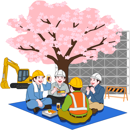 工事現場にある満開の桜の木の下で、昼食をとる工事作業員達のイラスト