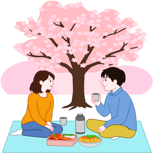 お花見で会話がはずんでいる若いカップルのイラスト