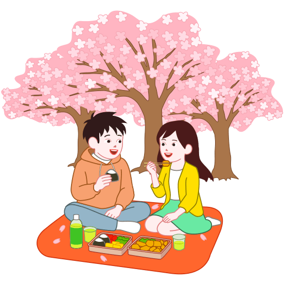 お花見ピクニックを若いカップルが楽しんでいるイラスト